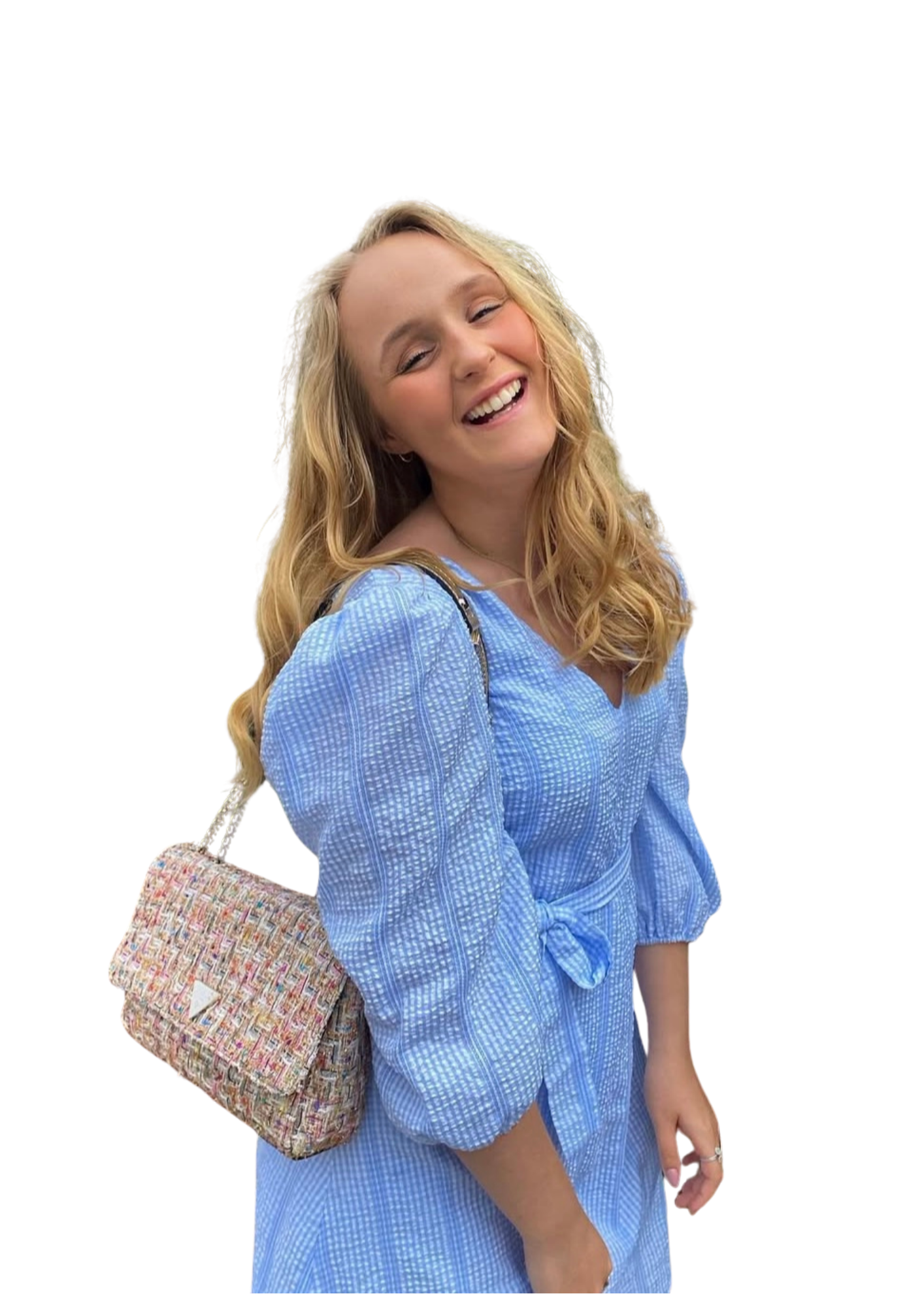 Gigi der smiler i blå kjole