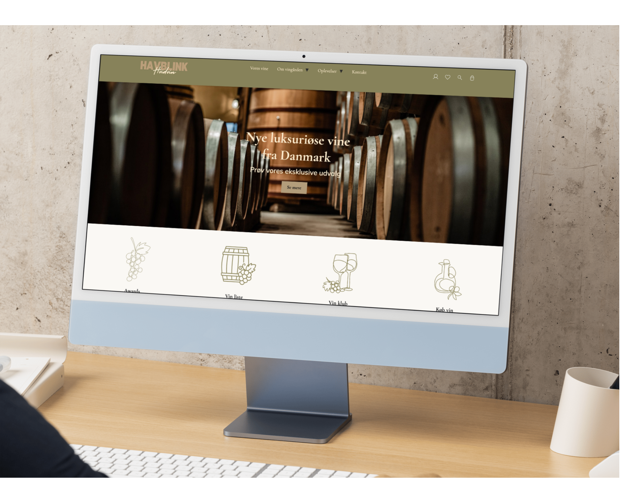 Mockup af HAVBLINK HVIDVIN website på en skærm